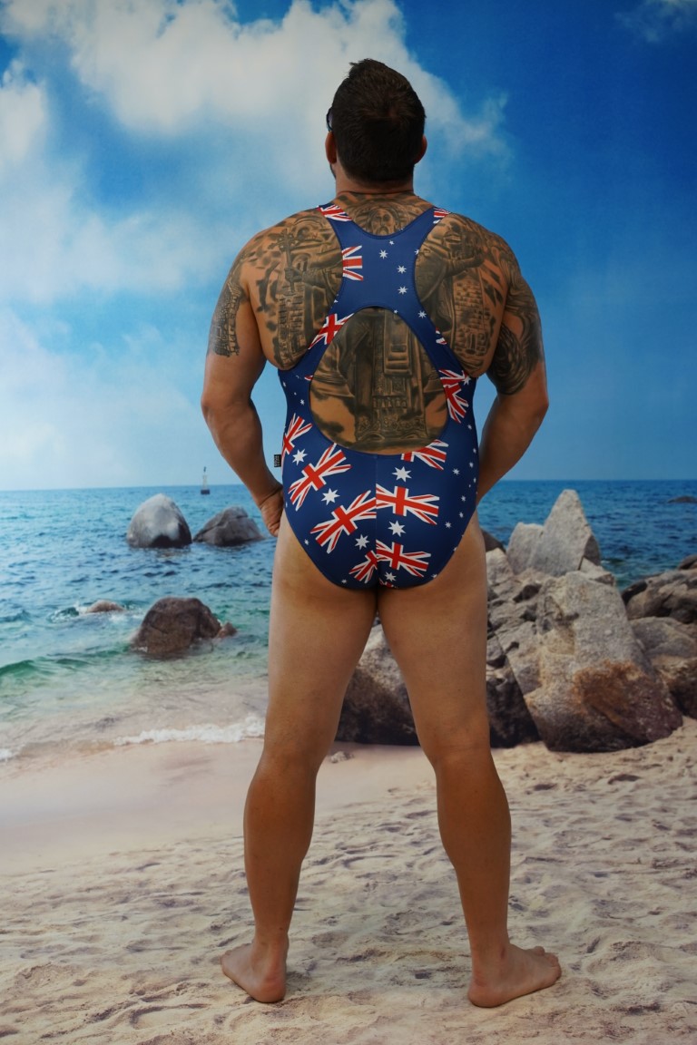 Aussie Flag Race Back Brazilian 3/4 Bum One Piece-Oz